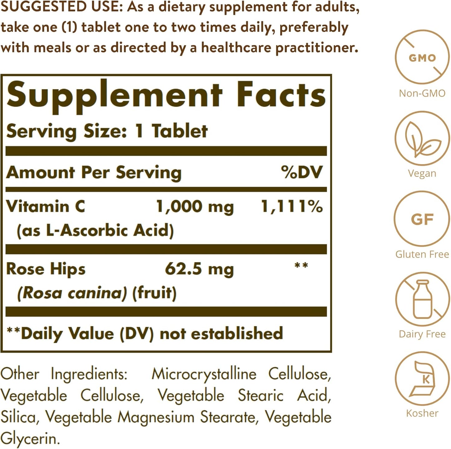 Solgar Vitamin C 1000 mg with Rose Hips, 250 Tablets - Antioxidant & Immune Support - Overall Health - Supports Healthy Skin & Joints - Non-GMO, Vegan and Kosher - 250 Servings