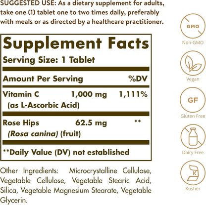 Solgar Vitamin C 1000 mg with Rose Hips, 250 Tablets - Antioxidant & Immune Support - Overall Health - Supports Healthy Skin & Joints - Non-GMO, Vegan and Kosher - 250 Servings