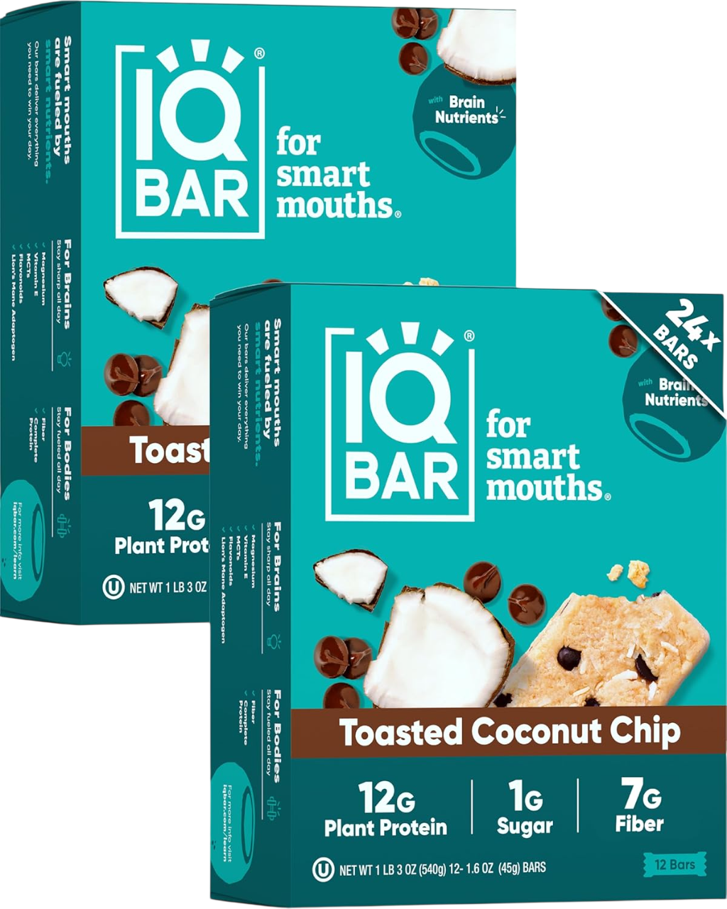 IQBAR Clean Plant Protein Bars - Toasted Coconut Chip - 12/24/36 Count - Keto, Vegan, High Fiber, Gluten and Dairy Free, Low Sugar Snack - Brain and Body Nutrients for Focus, Energy, Meal Replacement