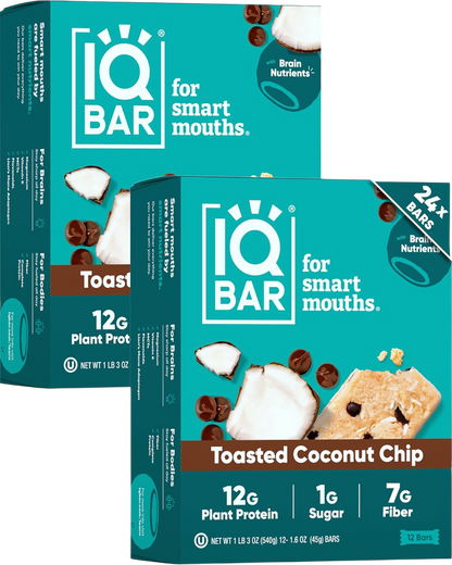 IQBAR Clean Plant Protein Bars - Toasted Coconut Chip - 12/24/36 Count - Keto, Vegan, High Fiber, Gluten and Dairy Free, Low Sugar Snack - Brain and Body Nutrients for Focus, Energy, Meal Replacement