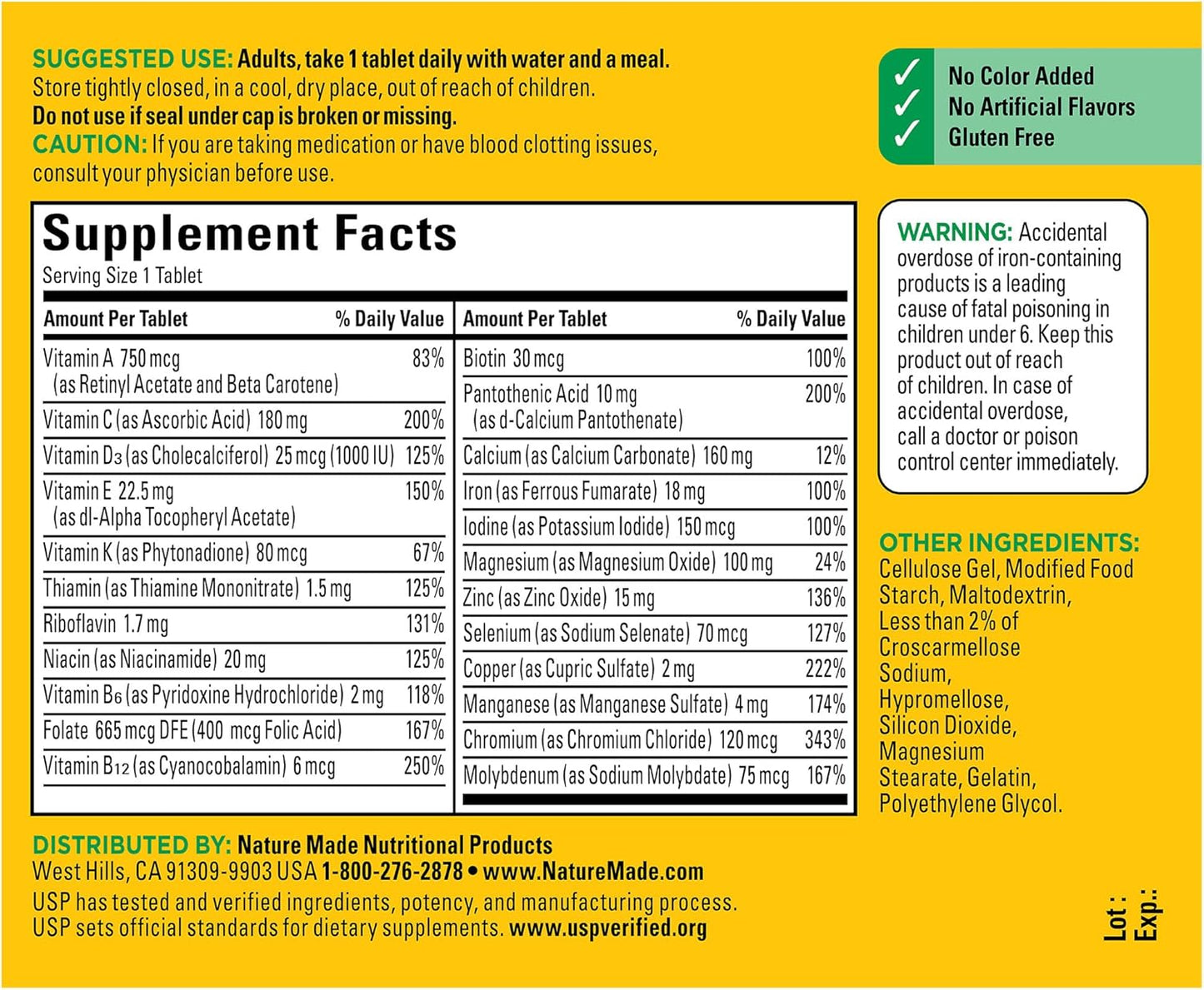 Nature Made Multivitamin Tablets with Iron, Multivitamin for Women and Men for Daily Nutritional Support, Nature Made Multi Vitamins for Adults, 130 Tablets, 130 Day Supply