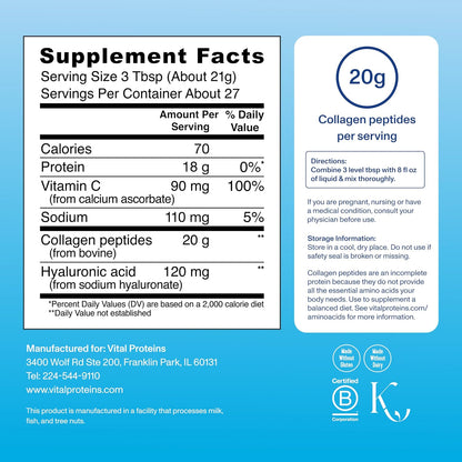 Vital Proteins Collagen Peptides Powder Advanced with Hyaluronic Acid & Vitamin C, Collagen Supplements, Unflavored, 12 Servings
