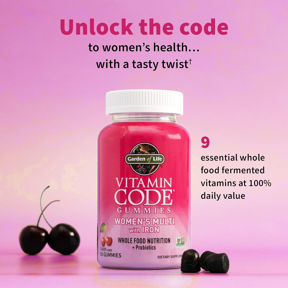 Garden of Life Vitamin Code Women's Multivitamin Gummies with Iron and Probiotics for Immune Health, Digestive Support, and Energy Support, Non-GMO, Cherry Flavor, 90 Gummies