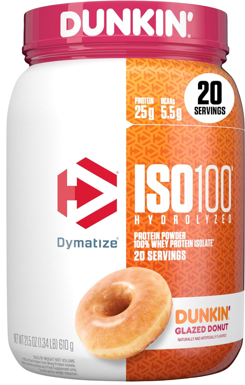 Dymatize x Dunkin' Cappuccino ISO100 Whey Protein Powder, 95mg Caffeine, 25g of Protein5.5g BCAAs, 120 Cal., Gluten Free, 1g Fat, 1g Sugar, 2g Carb
