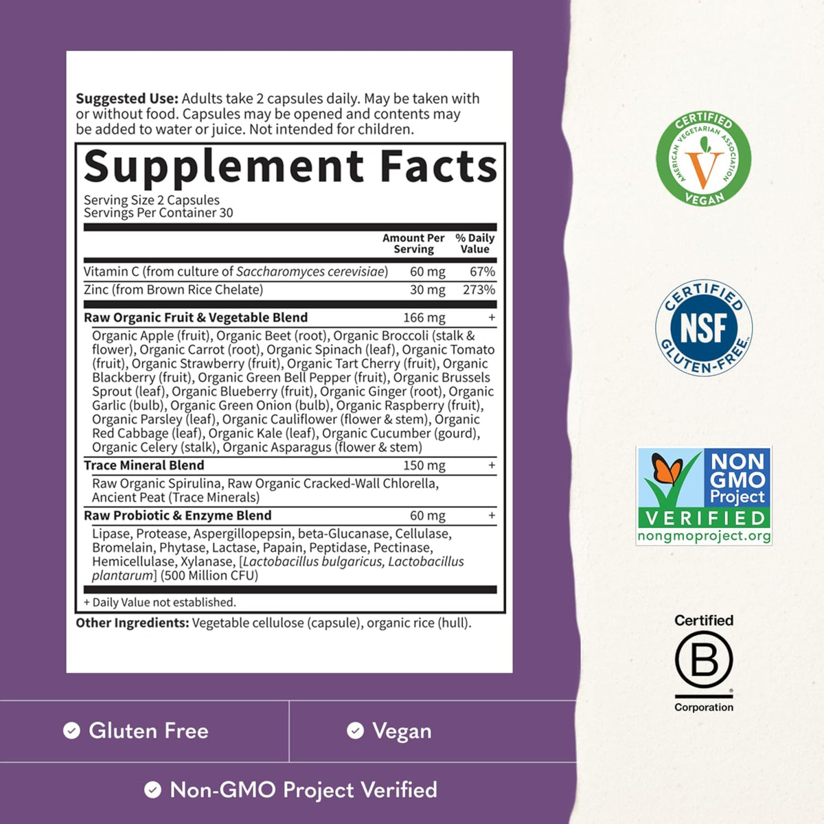 Garden of Life Vitamin Code Raw Zinc Supplement 30mg with Vitamin C, Whole Food Supplement for Immune Support, Skin Health, Eye Health and Prostate Health, 60 Vegan Capsules