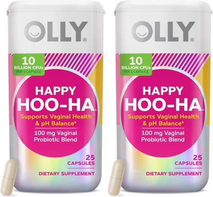 OLLY Happy Hoo-Ha Capsules, Vaginal Probiotics for Women or People with Vaginas, Vaginal Health and pH Balance,* 10 Billion CFU Per Capsule - 25 Count