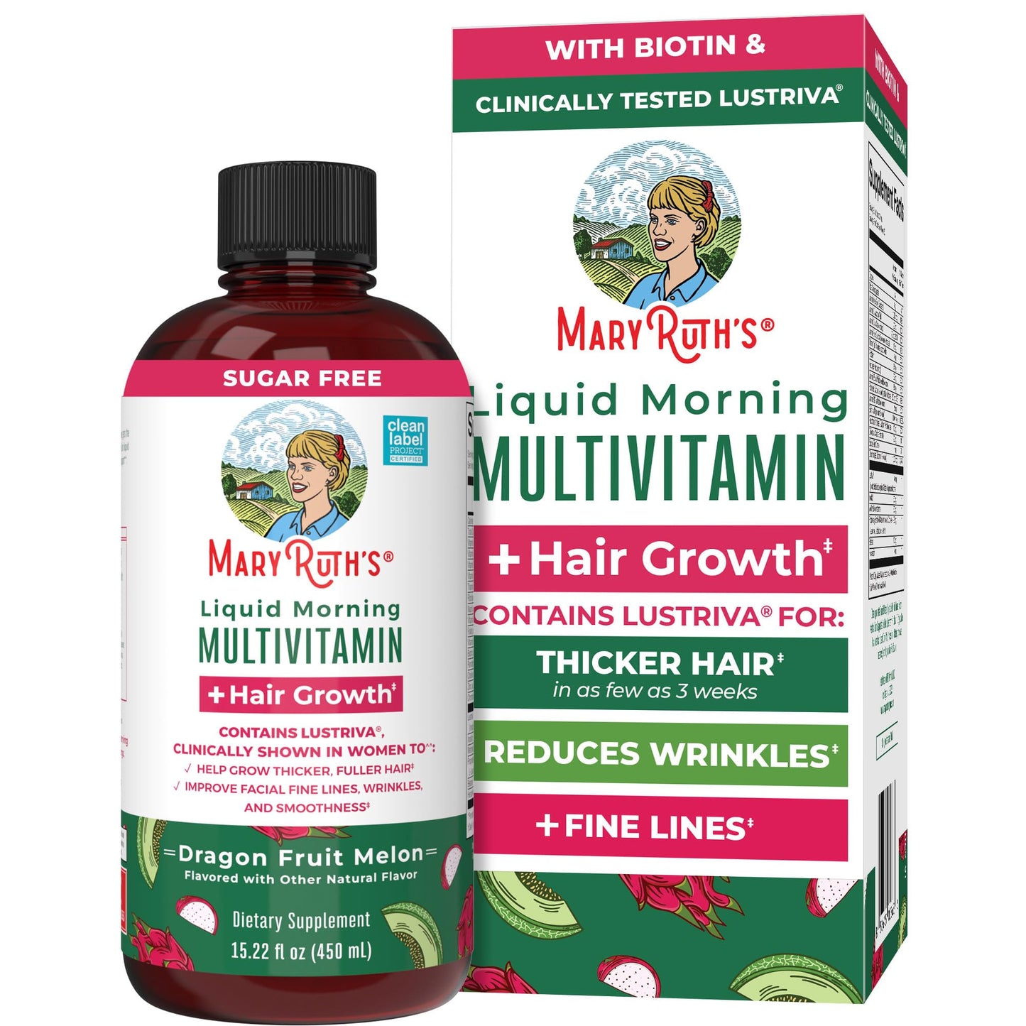 MARYRUTH'S Liquid Multivitamin + Hair Growth| Dragon Fruit Flavour | Clinically Tested in Women for Thicker Hair & Facial Wrinkles | Biotin 10000mcg | 15.22 Fl Oz & 30 Oz