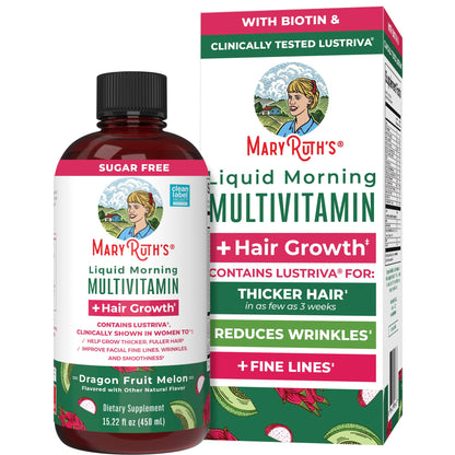 MARYRUTH'S Liquid Multivitamin + Hair Growth| Dragon Fruit Flavour | Clinically Tested in Women for Thicker Hair & Facial Wrinkles | Biotin 10000mcg | 15.22 Fl Oz & 30 Oz
