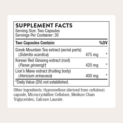 THORNE - Ginseng Plus - Supports Daily Energy Levels, Mental Clarity, Mood & Stress Management* - with Lion's Mane & Greek Mountain Tea - Third-Party Certified - Gluten & Dairy-Free - 60 Capsules