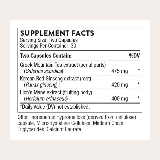 THORNE - Ginseng Plus - Supports Daily Energy Levels, Mental Clarity, Mood & Stress Management* - with Lion's Mane & Greek Mountain Tea - Third-Party Certified - Gluten & Dairy-Free - 60 Capsules