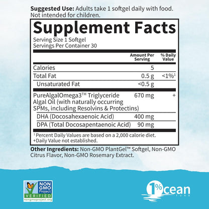 Garden of Life Dr. Formulated Prenatal Vegan DHA - Certified Vegan Omega 3 Supplement with 400mg DHA + DPA from Algal Omega 3 in Triglyceride Form, Non-GMO, 30 Softgels