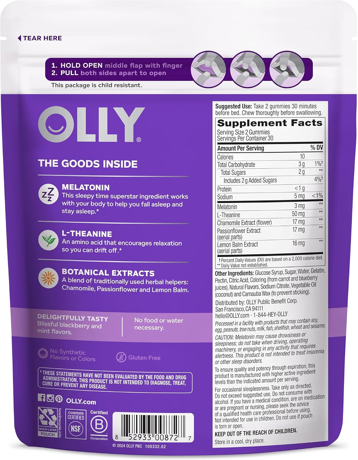 OLLY Sleep Gummies for Adults, 3 mg Melatonin Gummies with L-Theanine, Sleep Support for Restful Sleep*, Non-Habit Forming Sleep Support*, Blackberry Zen, Gluten Free, 60 Count