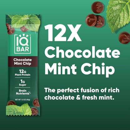 IQBAR Clean Plant Protein Bars - Chocolate Mint Chip - 12/24/36 Count - Keto, Vegan, High Fiber, Gluten and Dairy Free, Low Sugar Snack - Brain and Body Nutrients for Focus, Energy, Meal Replacement