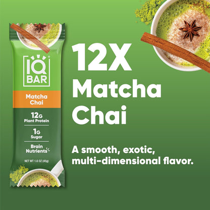 IQBAR Clean Plant Protein Bars - Matcha Chai - 12/24/36 Count - Keto, Vegan, High Fiber, Gluten and Dairy Free, Low Sugar Snack - Brain and Body Nutrients for Focus, Energy, Meal Replacement