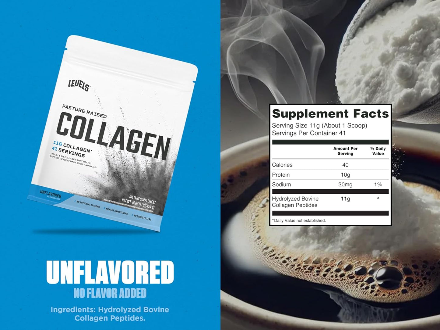 Levels Collagen Peptides, No Artificial Ingredients, 11G of Collagen, Unflavored, 1LB