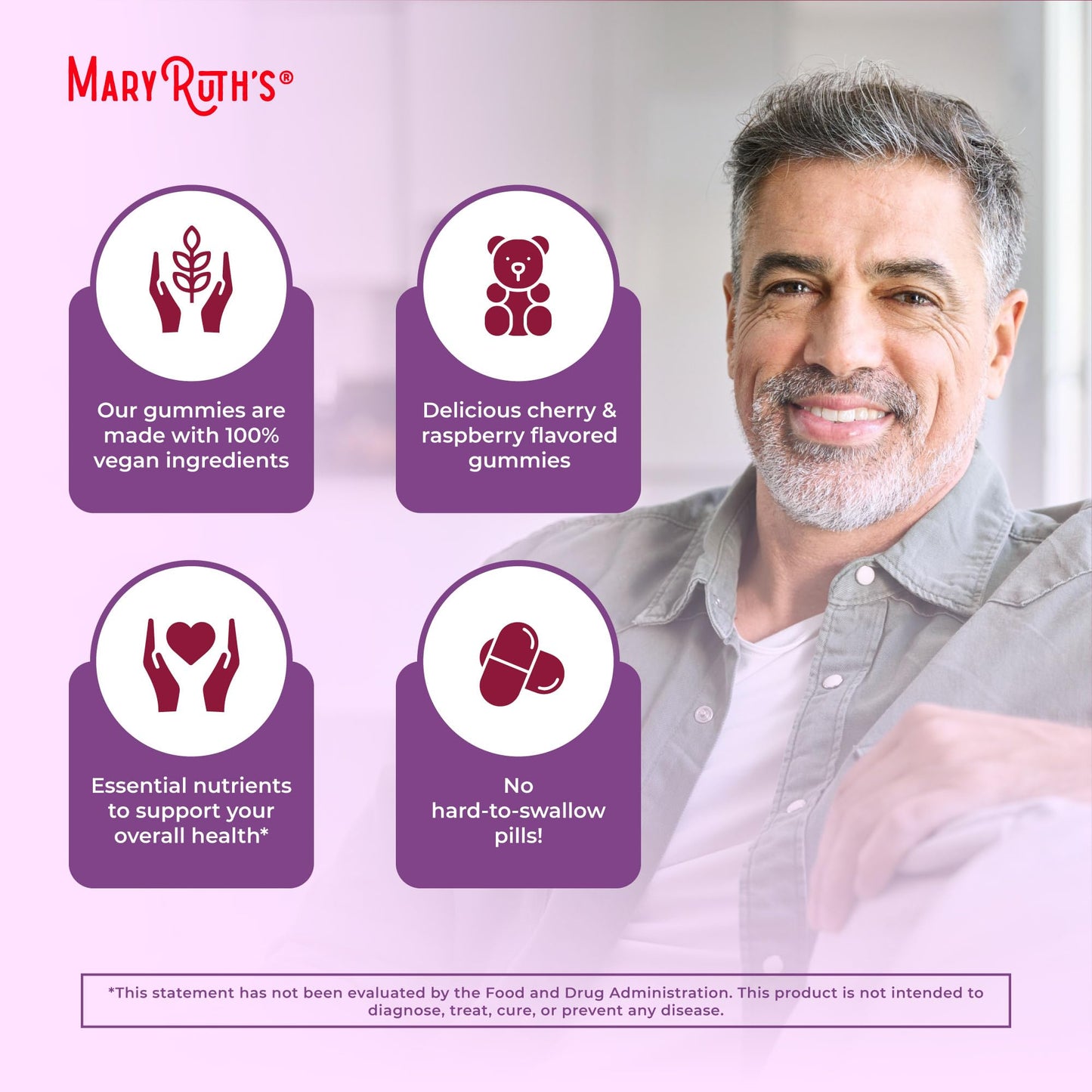 MaryRuth's Multivitamin Gummies for Men | Vitamin A, C, D, E, B6, B12, Biotin, Zinc | Energy Metabolism | Immunity | Bone Health | Cellular Health | Vegan | Non-GMO | Gluten & Sugar Free | 60 Count