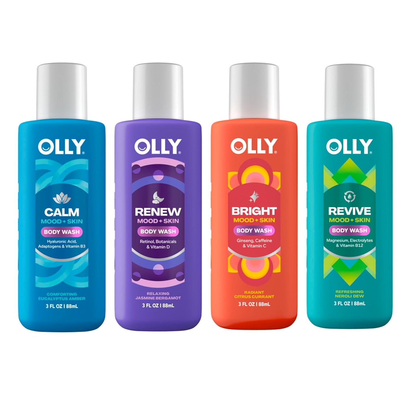OLLY Body Wash Mixed 4 Count Trial Pack to Restore Skin barrier & Hydrate skin, TSA Approved 3 oz