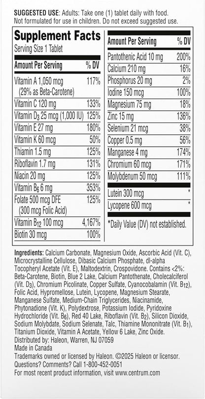 Centrum Silver Multivitamin for Men 50 Plus, Multimineral Supplement, Vitamin D3, B-Vitamins and Zinc, Gluten Free, Non-GMO Ingredients, Supports Memory and Cognition in Older Adults - 100 Ct