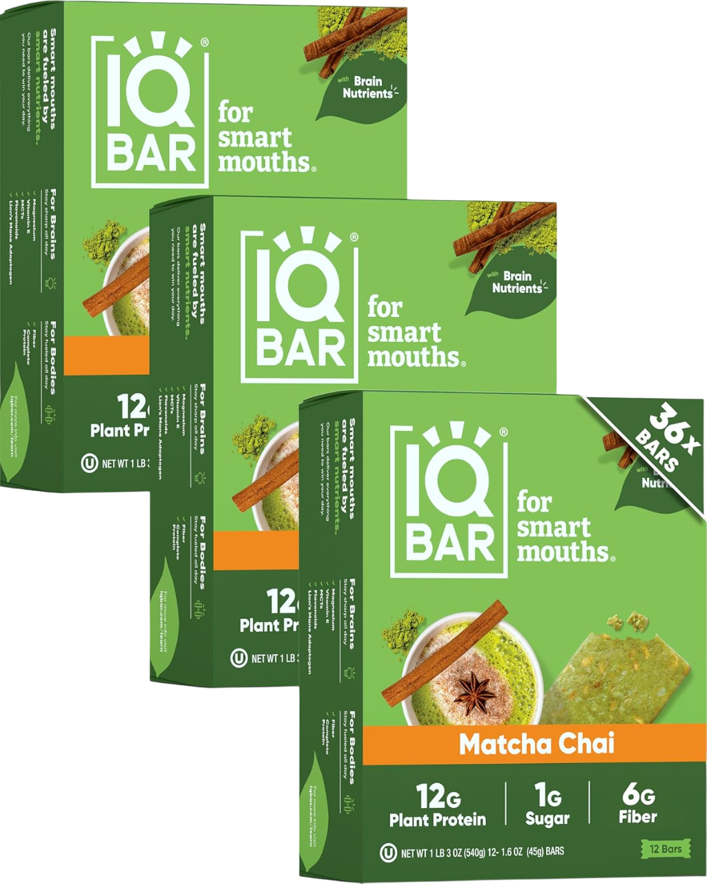 IQBAR Clean Plant Protein Bars - Matcha Chai - 12/24/36 Count - Keto, Vegan, High Fiber, Gluten and Dairy Free, Low Sugar Snack - Brain and Body Nutrients for Focus, Energy, Meal Replacement