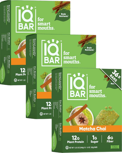 IQBAR Clean Plant Protein Bars - Matcha Chai - 12/24/36 Count - Keto, Vegan, High Fiber, Gluten and Dairy Free, Low Sugar Snack - Brain and Body Nutrients for Focus, Energy, Meal Replacement