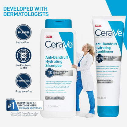 CeraVe Hydrating Anti Dandruff Conditioner, 0.5% Pyrithione Zinc Dandruff Treatment With Ceramides, Hyaluronic Acid & Niacinamide, Helps Eliminate Flakes & Reduce Itchy Scalp, Sulfate Free Conditioner | Hydrating