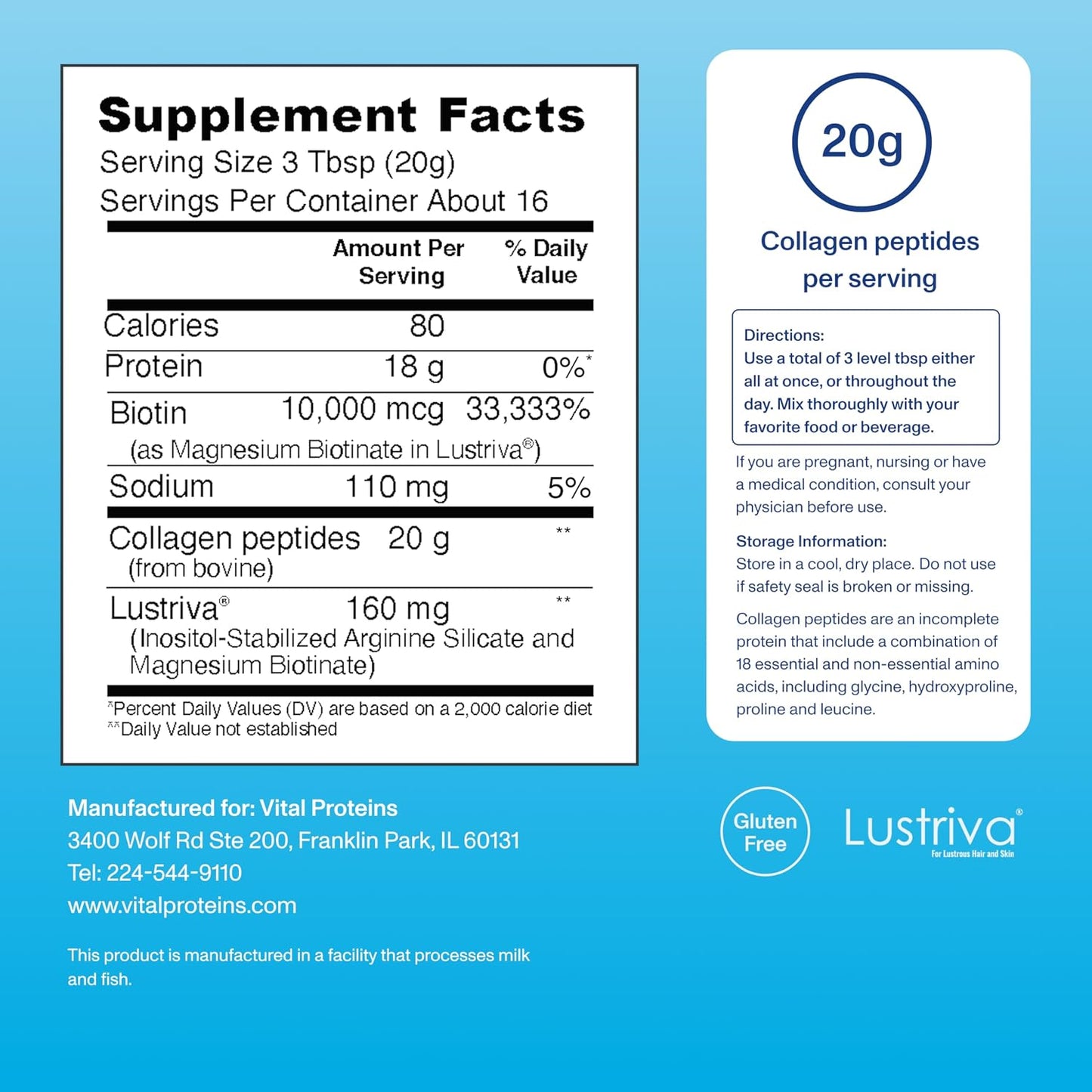 Vital Proteins Collagen Peptides + Biotin 10000mcg Hair Complex, Hair Growth Supplement - Clinically Studied Lustriva to Promote Thicker Fuller Hair, 20g Unflavored Collagen for Women 11.4oz Powder