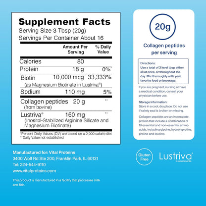 Vital Proteins Collagen Peptides + Biotin 10000mcg Hair Complex, Hair Growth Supplement - Clinically Studied Lustriva to Promote Thicker Fuller Hair, 20g Unflavored Collagen for Women 11.4oz Powder