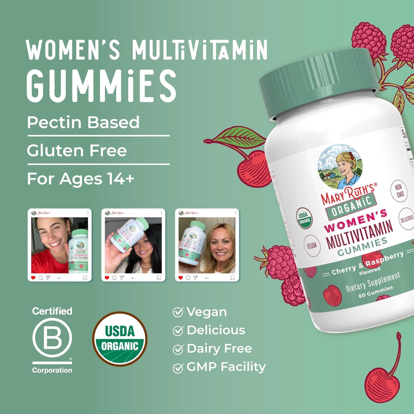 MARYRUTH'S Multivitamin Gummies for Women Ages 14+ | Immune Support | Hair & Skin Health | Reproductive Health | Vitamin A C D E B6 B12 Biotin Zinc Iodine | Organic | Vegan | Non-GMO | 60 Count