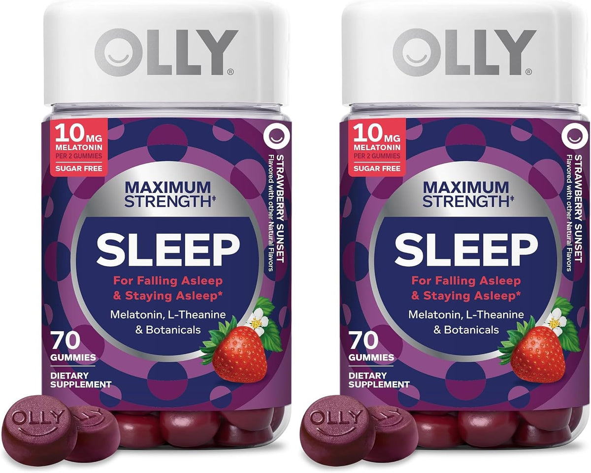 OLLY Max Strength Sleep Gummy, 10mg Melatonin, L-Theanine, Chamomile, Lemon Balm, Sugar Free, Vegetarian Sleep Aid, Strawberry - 50 Count