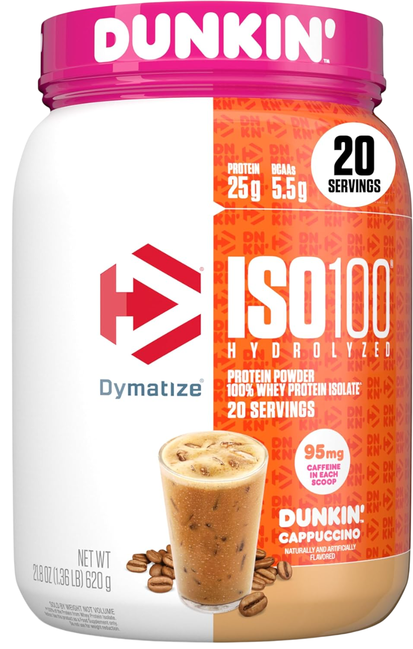 Dymatize x Dunkin' Cappuccino ISO100 Whey Protein Powder, 95mg Caffeine, 25g of Protein5.5g BCAAs, 120 Cal., Gluten Free, 1g Fat, 1g Sugar, 2g Carb