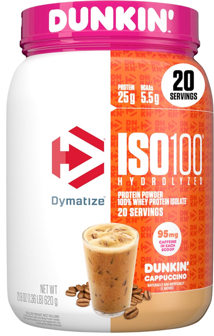 Dymatize x Dunkin' Cappuccino ISO100 Whey Protein Powder, 95mg Caffeine, 25g of Protein5.5g BCAAs, 120 Cal., Gluten Free, 1g Fat, 1g Sugar, 2g Carb