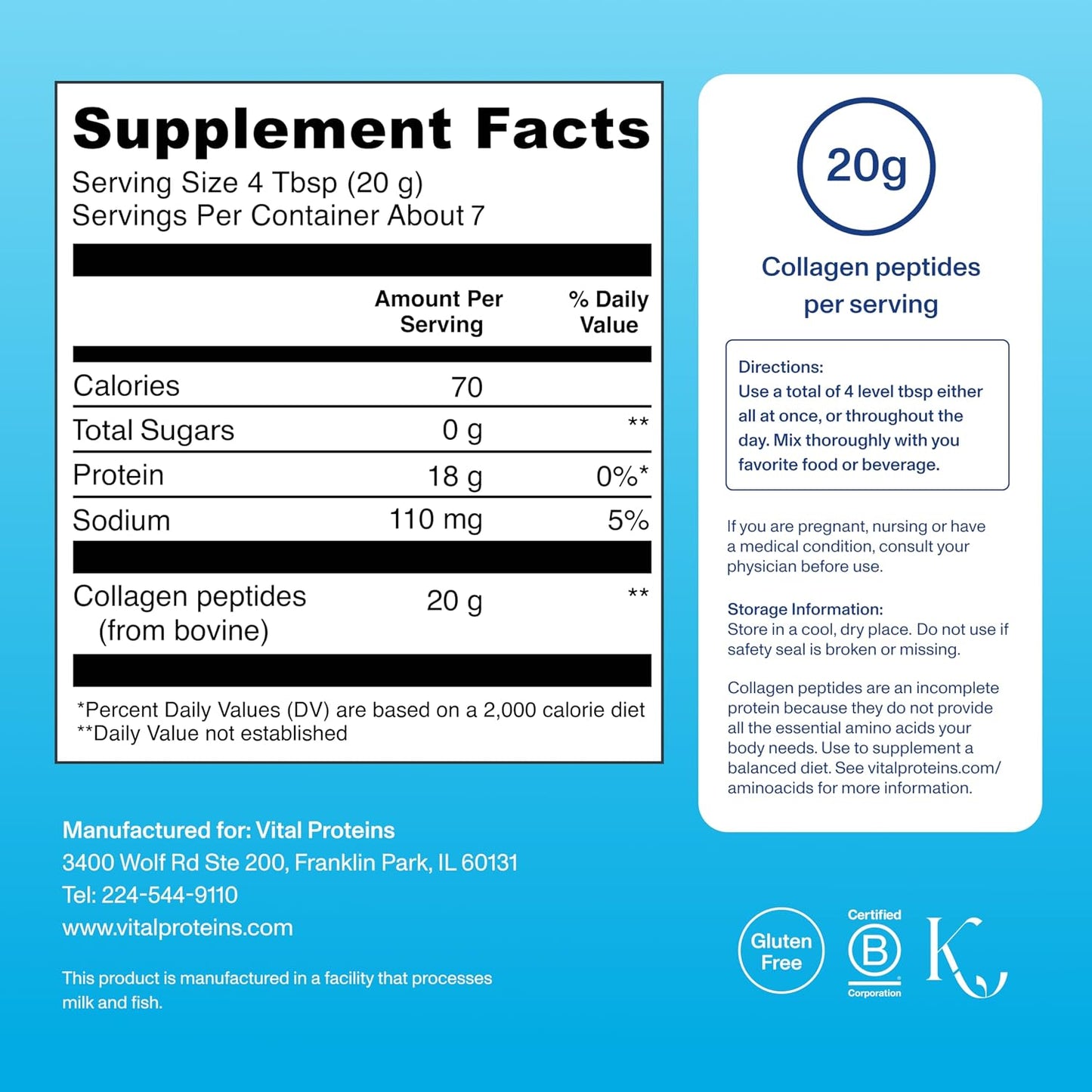 Vital Proteins Collagen Peptides Powder Supplement for Skin Hair Nail Joint Health or Support - Hydrolyzed Collagen - Unflavored, 7 Servings