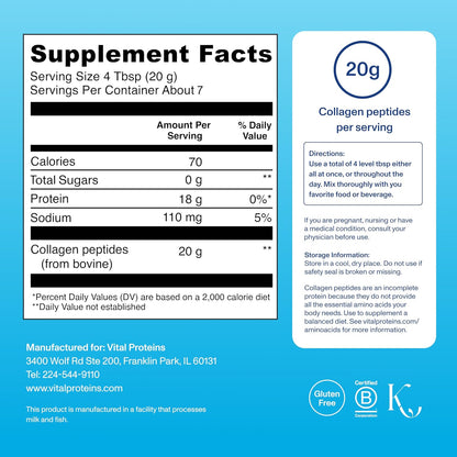 Vital Proteins Collagen Peptides Powder Supplement for Skin Hair Nail Joint Health or Support - Hydrolyzed Collagen - Unflavored, 7 Servings