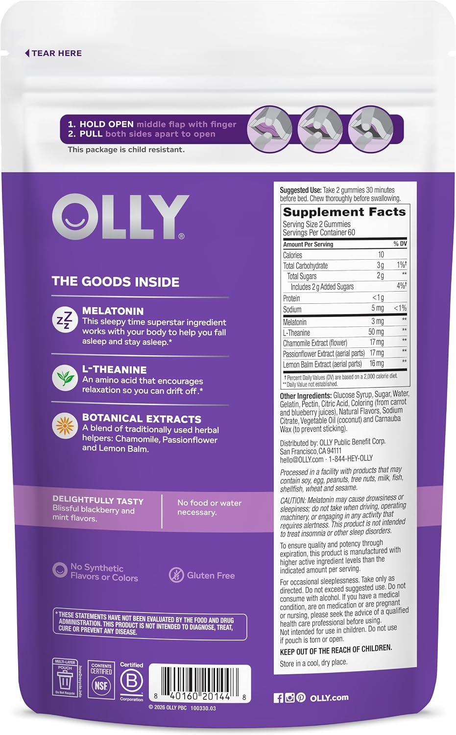 OLLY Sleep Gummies for Adults, 3 mg Melatonin Gummies with L-Theanine, Sleep Support for Restful Sleep*, Non-Habit Forming Sleep Support*, Blackberry Zen, Gluten Free, 60 Count