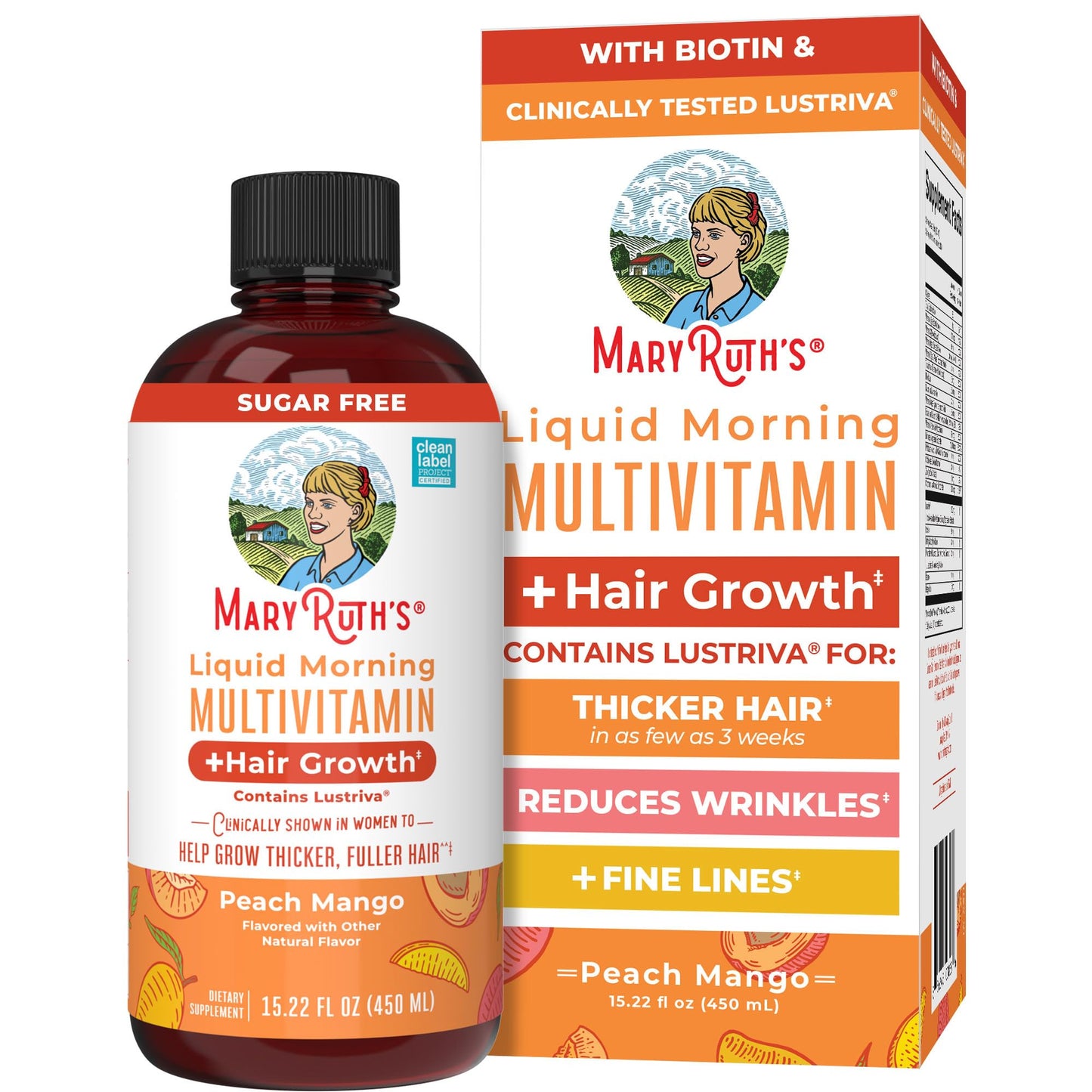 MARYRUTH'S Liquid Multivitamin + Hair Growth. Peach Mango | Clinically Tested in Women for Thicker Hair & Facial Wrinkles | Biotin 10000mcg | Ages 18+ | 15.22 Fl Oz & 30 Oz