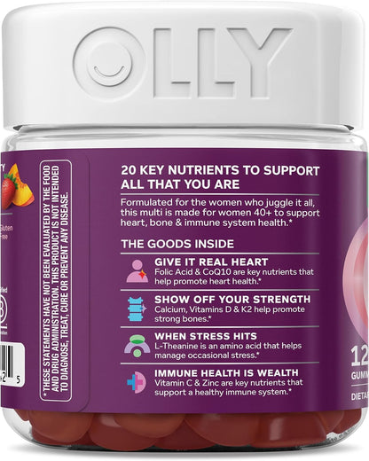OLLY Women's 40+ Multi Gummies, 20 Key Nutrients Plus Vitamin K2, CoQ10, L-Theanine, Chewable Gummy Supplement, Peach Berry Flavored, 45 Day Supply - 120 Count