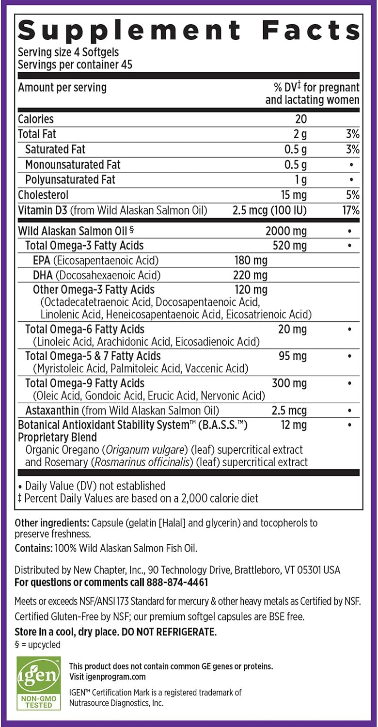 New Chapter Wholemega for Moms Fish Oil Supplement, Tiny Capsules, 2000mg per Serving, Prenatal DHA with Omega-3 + Vitamin D3 for Prenatal & Postnatal Support, 500mg Each - 90 Count