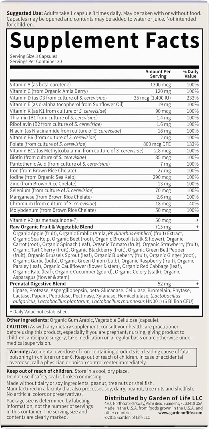 Garden of Life Vitamin Code Raw Prenatal Multivitamin for Women with Iron, Folate, Probiotics and Whole Food Nutrients - Immune and Cellular Energy Support, Non-GMO, Gluten-Free, Kosher, 10 Day Supply