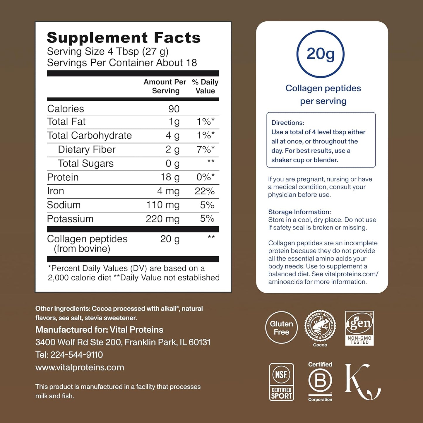 Vital Proteins Collagen Peptides Powder - Chocolate Powder for Hair, Nail, Skin, Bone & Joint Health, 13.5oz