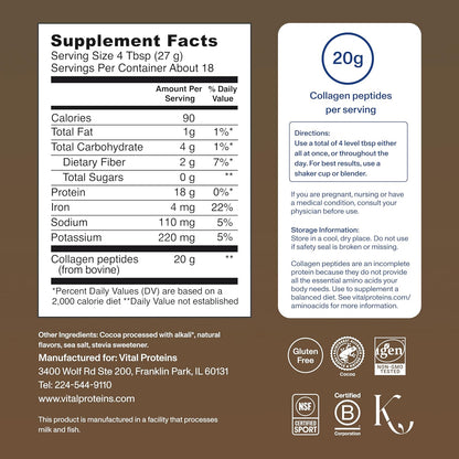 Vital Proteins Collagen Peptides Powder - Chocolate Powder for Hair, Nail, Skin, Bone & Joint Health, 13.5oz