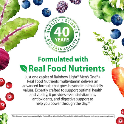 Rainbow Light Mens Multivitamin One + | 30/60/120 Caplets | Supports Energy & Antioxidant Health | with Real Food Nutrients, Digestive Enzymes & Probiotics