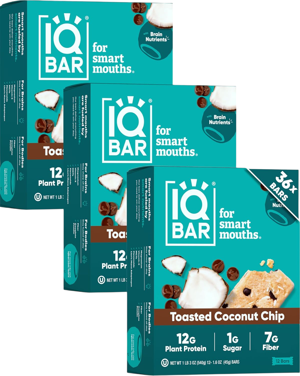 IQBAR Clean Plant Protein Bars - Toasted Coconut Chip - 12/24/36 Count - Keto, Vegan, High Fiber, Gluten and Dairy Free, Low Sugar Snack - Brain and Body Nutrients for Focus, Energy, Meal Replacement