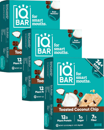 IQBAR Clean Plant Protein Bars - Toasted Coconut Chip - 12/24/36 Count - Keto, Vegan, High Fiber, Gluten and Dairy Free, Low Sugar Snack - Brain and Body Nutrients for Focus, Energy, Meal Replacement