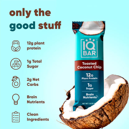 IQBAR Clean Plant Protein Bars - Toasted Coconut Chip - 12/24/36 Count - Keto, Vegan, High Fiber, Gluten and Dairy Free, Low Sugar Snack - Brain and Body Nutrients for Focus, Energy, Meal Replacement