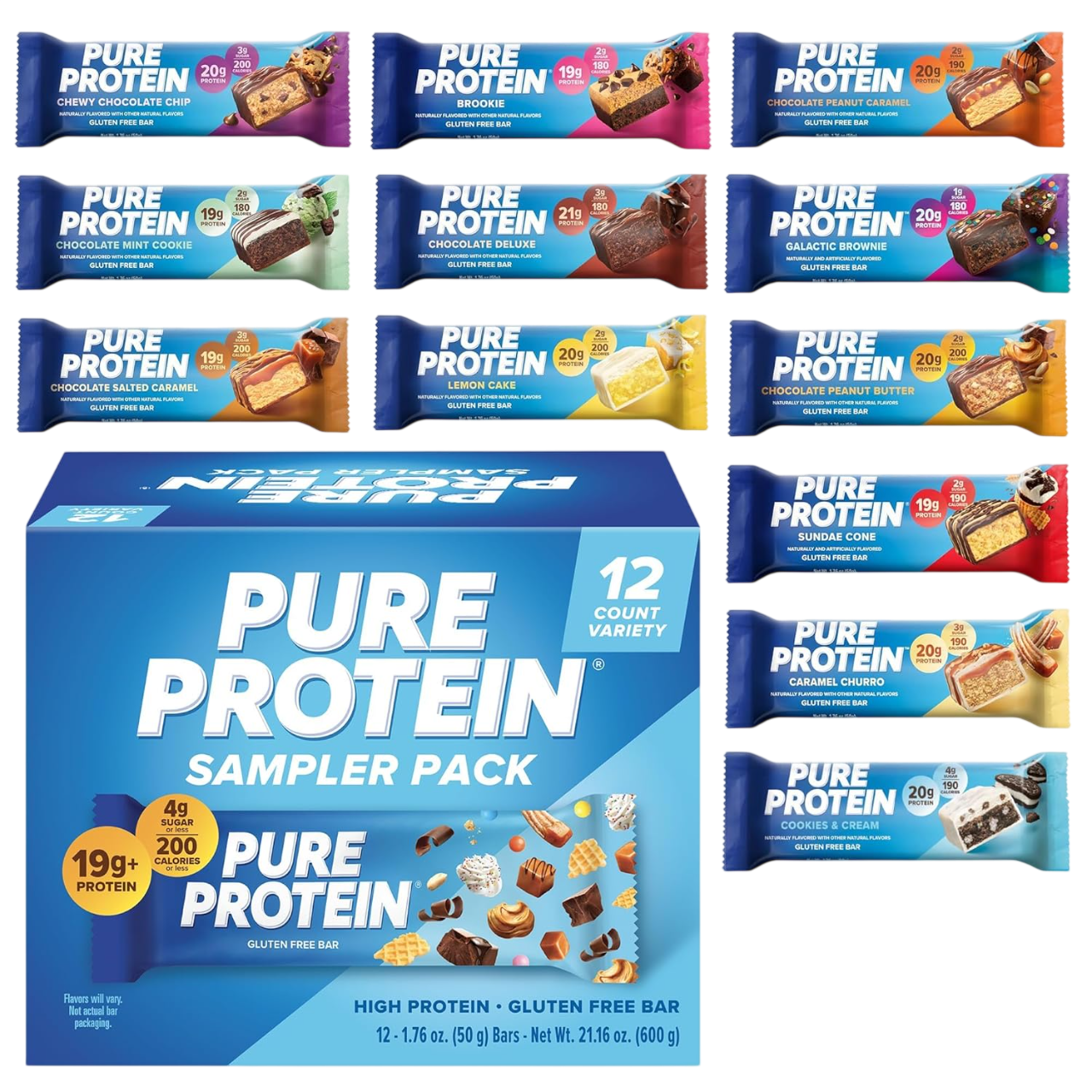 Pure Protein Deluxe Protein Bars, Chocolate, Cookies & Cream, Birthday Cake, Caramel Churro, Samples Pack
