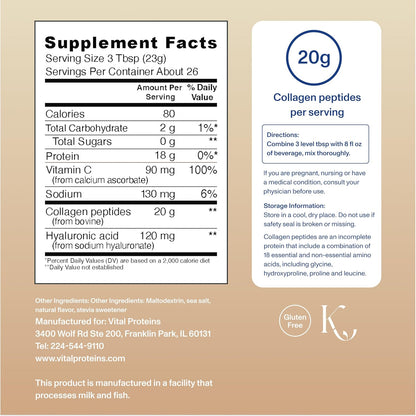 Vital Proteins Collagen Peptides Advanced, Hydrolyzed Peptides with Hyaluronic Acid and Vitamin C - Vanilla Flavor Powder, 21oz