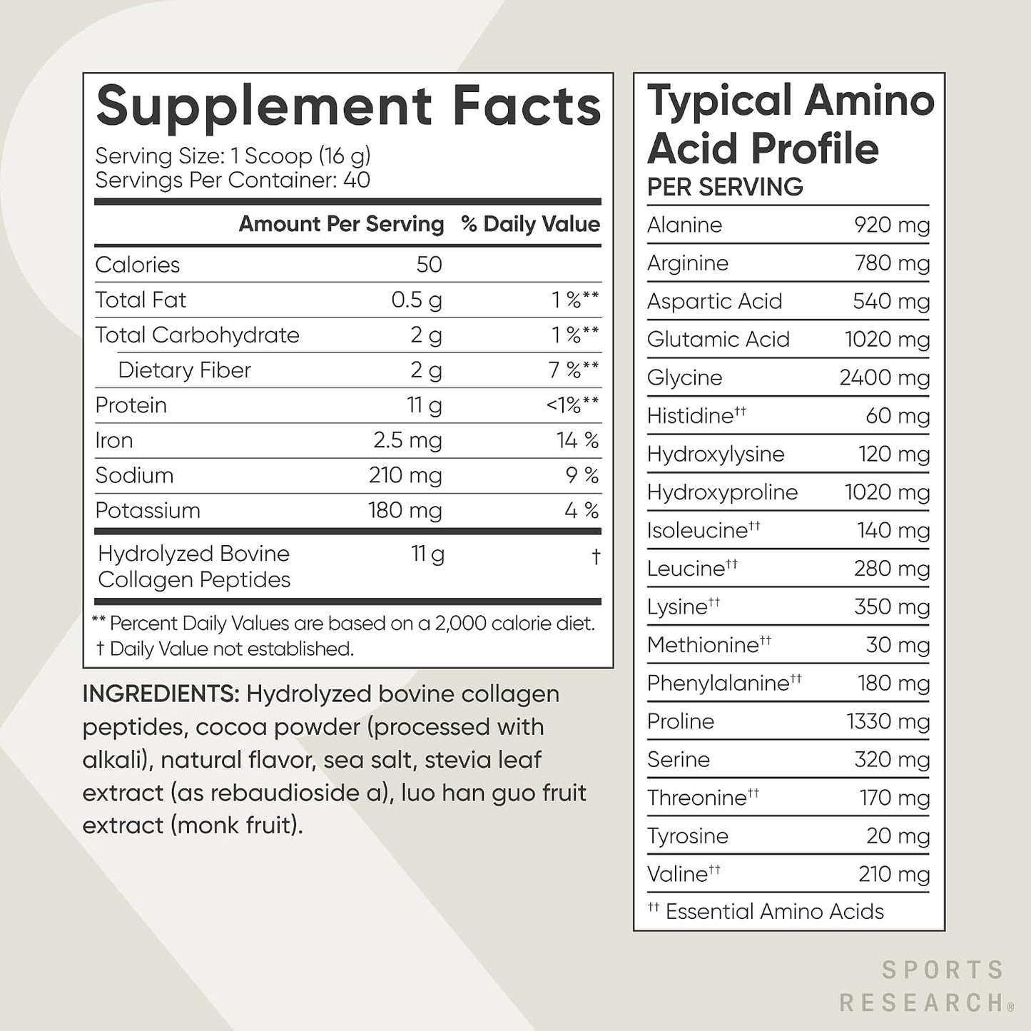 Sports Research® Collagen Peptides Protein Powder, Dark Chocolate (1.41lb) | 11g Grass-Fed Collagen per Scoop · Hair, Skin & Joint Support · Easy to Mix in Coffee & Shakes · Sugar-Free, 40 Servings