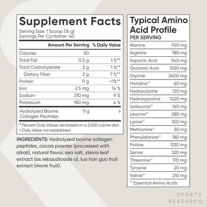 Sports Research® Collagen Peptides Protein Powder, Dark Chocolate (1.41lb) | 11g Grass-Fed Collagen per Scoop · Hair, Skin & Joint Support · Easy to Mix in Coffee & Shakes · Sugar-Free, 40 Servings