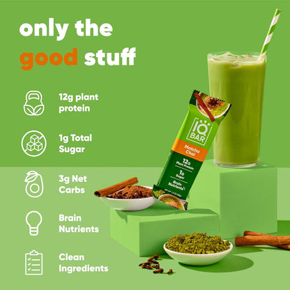 IQBAR Clean Plant Protein Bars - Matcha Chai - 12/24/36 Count - Keto, Vegan, High Fiber, Gluten and Dairy Free, Low Sugar Snack - Brain and Body Nutrients for Focus, Energy, Meal Replacement
