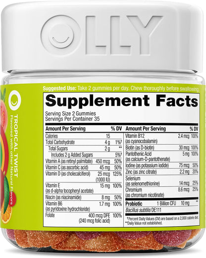 OLLY Multi + Probiotic Adult Multivitamin Gummy, Digestive and Immune System Support,* Chewable Supplement, Tropical Flavored, 35 Day Supply - 70 Count